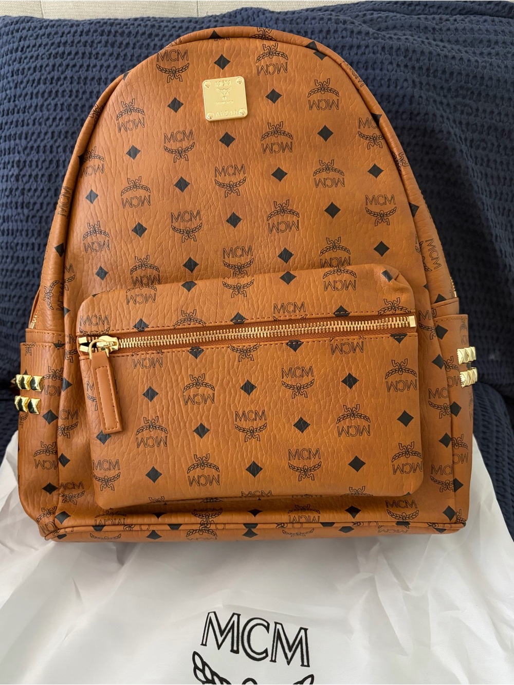 MCM Cognac Visetos Monogram Backpack with Gold Hardware